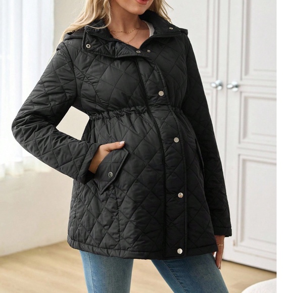 Maternity Black Quilted Pockets Zip up Snap Button Hoodie Jacket Coat - Picture 3 of 7